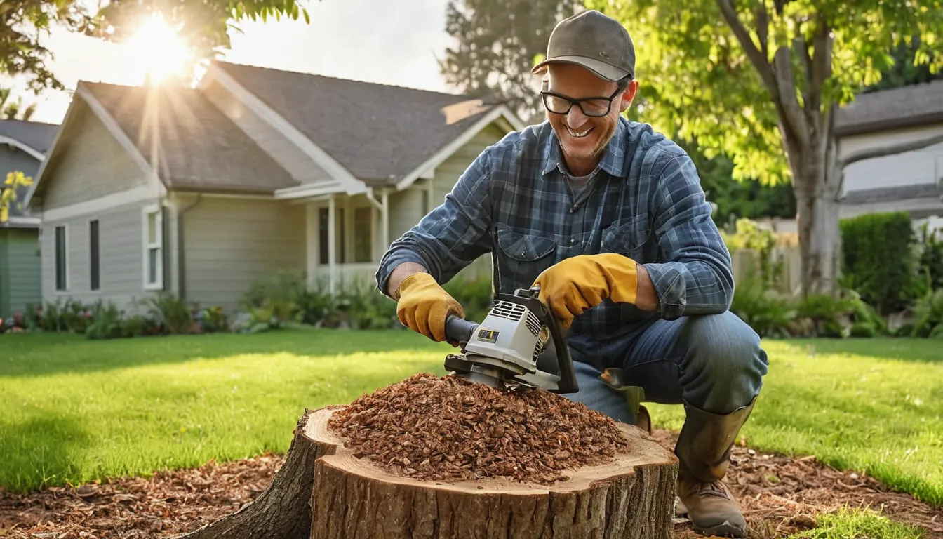 Stump grinding machine cutting down a tree stump in a residential yard in the Godfrey area