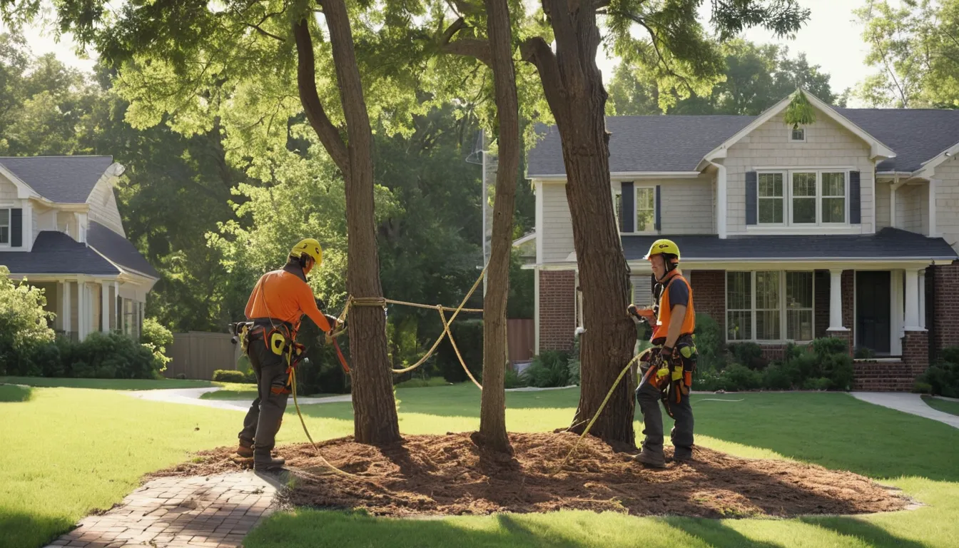 Tree removal provider lowering a large branch in a residential yard in the Godfrey area